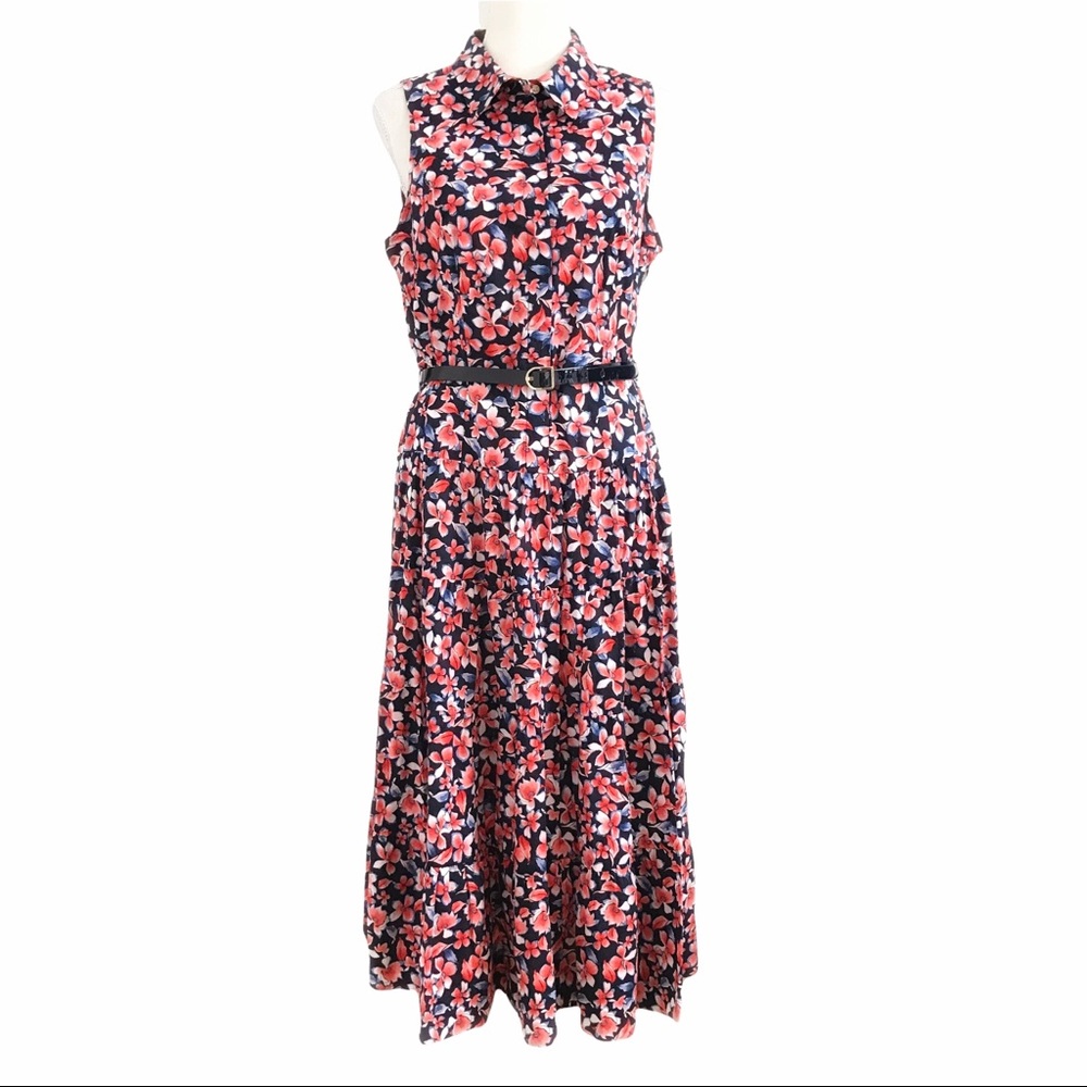 TOMMY HILFIGER NAVY CORAL FLORAL SLEEVELESS SHIRT BELTED FIT & FLARE MIDI - 10